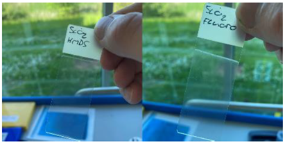 TECNAN's SiO2 functionalized with HMDZ (left) and f-HMDZ (right) deposited onto glass slides